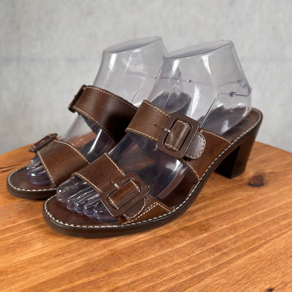 Nine West Slide Sandals Women 7M Brown Good Leather Buckle Block Heel Mules